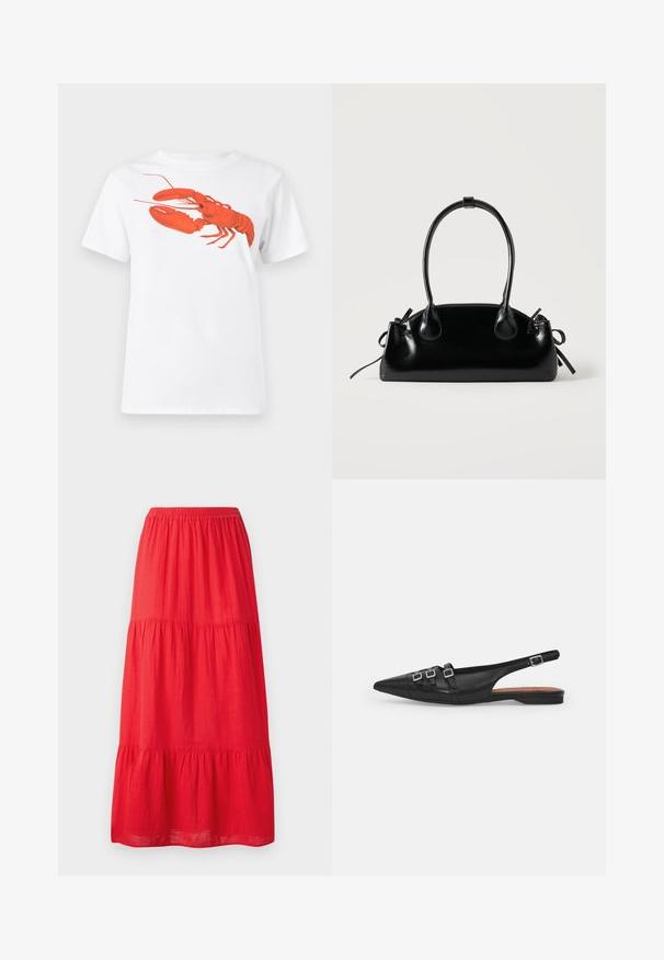 Weißes Baumwoll-T-Shirt mit einem großen, leuchtend roten Hummer-Design auf der Vorderseite. Mit kurzen Ärmeln und klassischem Rundhalsausschnitt.; Roter Baumwoll-Maxikleid mit einem elastischen Taillenbund, der drei abgestufte Rüschenschichten aufweist und eine glatte Textur hat. Einfaches Design ohne sichtbare Muster.; Schwarze Leder-Slingback-Ballerina mit spitzem Zeh, ausgestattet mit zwei horizontalen Riemen und quadratischen silbernen Schnallen, mit flachem Absatz und glatter Oberfläche.; Kleine schwarze glänzende Handtasche mit zwei langen Griffen und seitlichen Kordelzug-Details vor einfachem hellem Hintergrund.