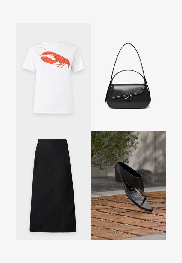 Camiseta de algodón blanca con un gran gráfico de langosta roja brillante en la parte frontal. Diseño de mangas cortas y cuello redondo estándar.; DRYKORN AMBAR - Falda acampanada - black; Sandalia negra de tacón alto con tira entre los dedos, flotando sobre una superficie exterior de madera y grava con patrón, con vegetación desenfocada y pared al fondo.; Bolso de hombro de cuero negro con una solapa curva asegurada por un broche metálico redondo y una correa delgada y ajustable.