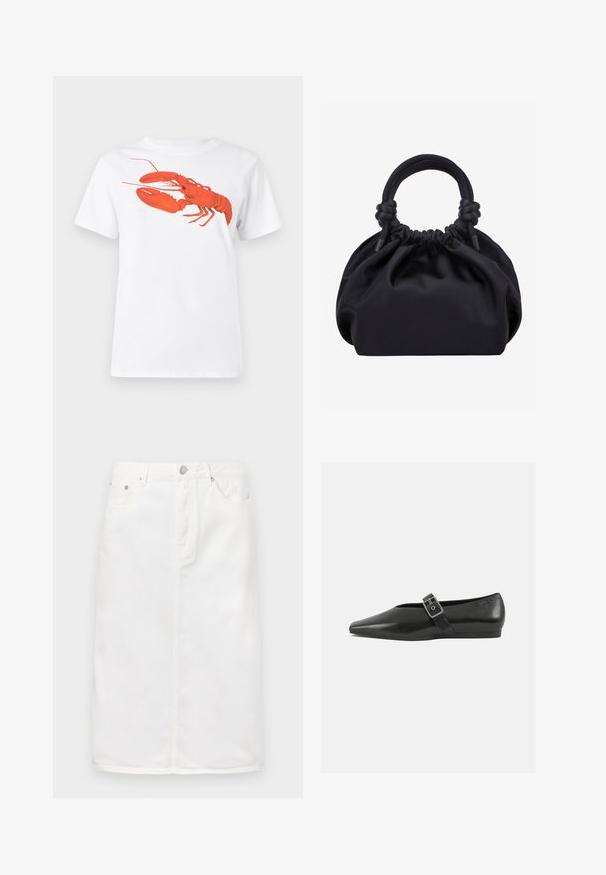 Weißes Baumwoll-T-Shirt mit einem großen, leuchtend roten Hummer-Design auf der Vorderseite. Mit kurzen Ärmeln und klassischem Rundhalsausschnitt.; Weiße Jeansrock mit einem Frontreißverschluss, Fünf-Taschen-Design und geradem Schnitt mit Nähtelementen.; Schwarze Lederflachschuhe mit spitzem Zehenbereich, ausgestattet mit einem metallischen Riemen über dem Spann und einer niedrigen, flexiblen Sohle.; Schwarze weiche Stoffhandtasche mit gerafftem oberen Rand und runden, gepolsterten Griffen, die auf jeder Seite mit Knoten gebunden sind.