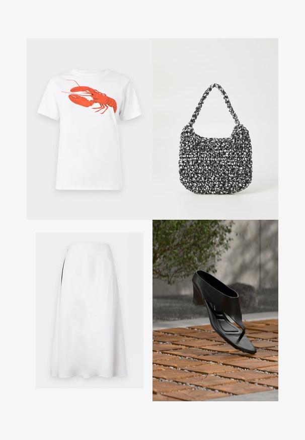 Weißes Baumwoll-T-Shirt mit einem großen, leuchtend roten Hummer-Design auf der Vorderseite. Mit kurzen Ärmeln und klassischem Rundhalsausschnitt.; Weißer A-Linien-Midirock mit hoher Taille und dezentem seitlichem Schlitz auf einfarbigem Hintergrund.; Schwarze High-Heeled Sandale mit Zehensteg, schwebend über einer gemusterten Holz- und Kiesaußenfläche mit verschwommenem Grün und Wand im Hintergrund.; Gewebte Handtasche in Schwarz und Weiß mit runder Form, strukturiertem Oberflächenfinish und geflochtener Grifffläche. Geeignet für den lässigen Gebrauch.