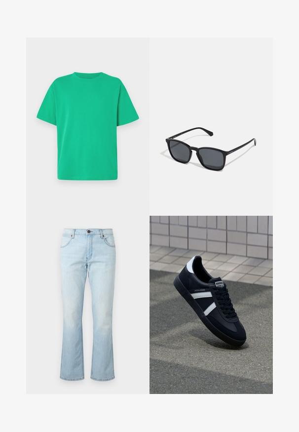 Grünes T-Shirt mit kurzen Ärmeln aus weichem Stoff; hat einen Rundhalsausschnitt und eine lockere Passform; glatte Textur ohne Muster oder Akzente.; Hellblaue Denim-Jeans mit mittelhohem Bund, Knopf- und Reißverschluss, Vordertaschen und leicht ausgestellten Beinen.; Schwarze Leder-Sneaker mit weißen Streifen, strukturiertem Gummisohle und Schnürung. Verfügt über ein Markenetikett auf der Zunge.; Schwarze rechteckige Sonnenbrille mit dunklen Gläsern, schlanken Kunststoffgestellen und geraden Bügeln. Mit einem subtilen Logo an der Seite.