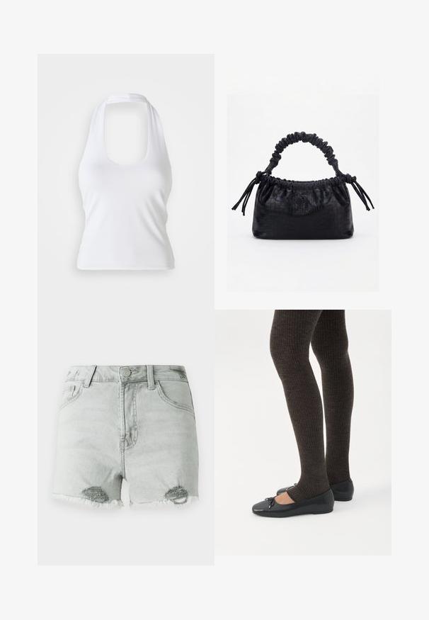 Biely halter top s výstrihom do véčka, vyrobený z hladkej, elastickej látky. Disponuje minimalistickým dizajnom bez ozdôb alebo vzorov.; Svetlo šedé denimové šortky s vysokým pásom, so zničenými detailami a rozstrapkanými okrajmi, majú dve predné vrecká. Tkanina sa zdá byť jemná a opotrebovaná.; Nohy v tmavých pásikavých legínach v kombinácii s čiernymi balerínkami s malými mašličkami na bielom pozadí.; Čierna kabelka s krokodíľou textúrou, riaseným horným okrajom, zhromaždenou rukoväťou a šnúrkami s strapcami na každej strane na bielom pozadí.