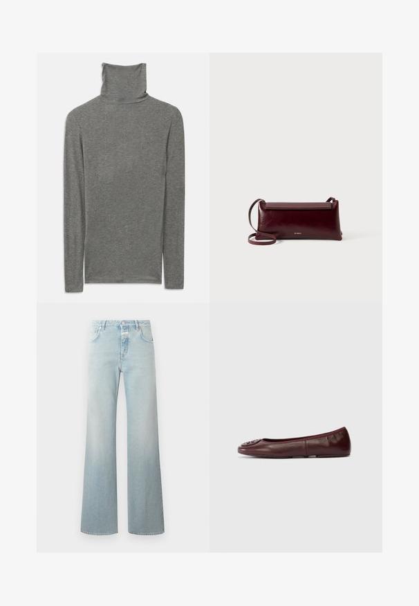 Camisa de cuello alto de manga larga gris, confeccionada con una tela suave y texturizada. Presenta un diseño de cuello alto y una silueta ajustada.; CLOSED GILLAN - Pernera ancha - light blue; Bailarina de cuero burdeos con puntera redondeada y acento de logo texturizado en la parte frontal. Diseño sin costuras y superficie suave. Suela plana.; Bolso bandolera de cuero burdeos con textura suave, forma rectangular, cierre de solapa y una correa delgada y ajustable. Detalle del logo en dorado visible.