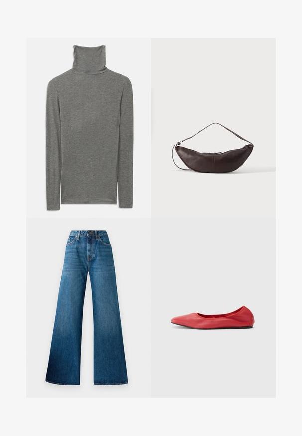 Grijze langemouwen turtleneck shirt gemaakt van een zachte, gestructureerde stof. Heeft een hoge halsontwerp en een aansluitende pasvorm.; Blauwe denim wijd-uitlopende jeans met een hoge taille, lichte vervaging, klassiek vijf-pocket ontwerp en een knoopsluiting aan de voorkant.; Filippa K REY FLATS - Ballerina's - bright red; Donkerbruine leren schoudertas in halve maan vorm met een gebogen band en zichtbare stiksels op een effen achtergrond.