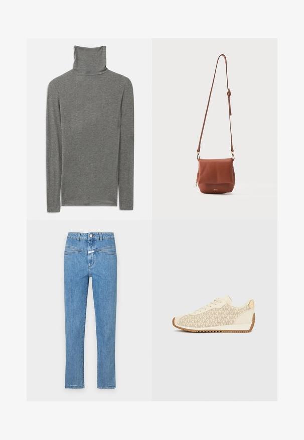 Grå langærmet polo t-shirt lavet af et blødt, struktureret stof. Har et højt halsdesign og en tætsiddende silhuet.; Lysblå denimjeans med lige ben, fem lommer og knaplukning. Har en let falmet overflade og minimal syning.; Beige sneaker med MK-logo mønster, tekstureret overdel, flade snørebånd og kontrasterende sål i gummifarve. Afrundet tå og hæl med gulddetaljer.; Brun læder crossbody taske med justerbar rem, frontklap, sidelomme med lynlås og gyldent "AGL"-logo nederst foran.