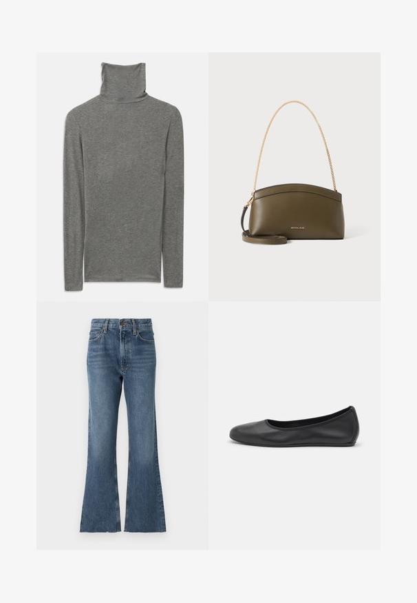 Grå langærmet polo t-shirt lavet af et blødt, struktureret stof. Har et højt halsdesign og en tætsiddende silhuet.; Mørkeblå vasket denim flared jeans med høj talje, der har traditionelt fem-lommestil og frynset søm i bunden.; Sort læderballetsko med rund tå, glat tekstur, minimal syning og et fleksibelt såldesign.; Olivengrøn Michael Kors-håndtaske med guldkæde skulderrem, buet top og lille gyldent logo foran, vist mod hvid baggrund.