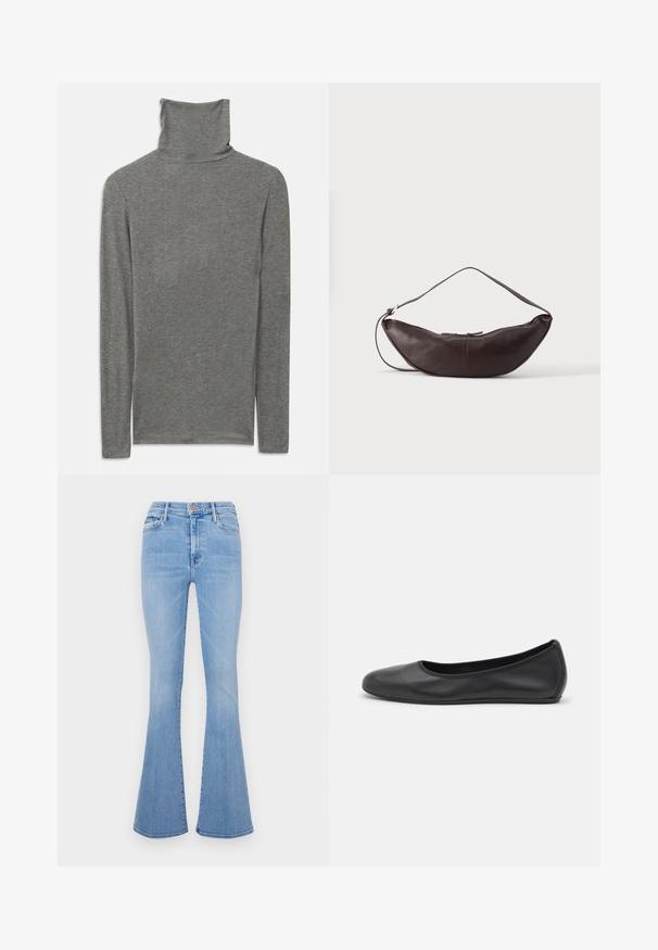 Grå langærmet polo t-shirt lavet af et blødt, struktureret stof. Har et højt halsdesign og en tætsiddende silhuet.; Lyseblå flagrende jeans med høj talje, lavet af denimstof, med frontlommer og en subtil falmet tekstur.; Sort læderballetsko med rund tå, glat tekstur, minimal syning og et fleksibelt såldesign.; Mørkebrun læder skuldertaske i halvmåneform med buet rem og synlige syninger på ensfarvet baggrund.