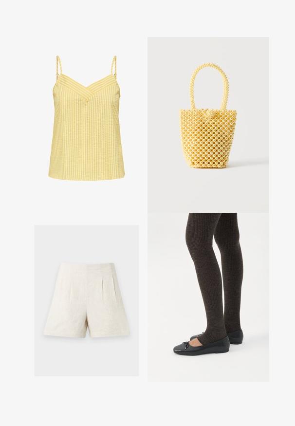 Haut jaune sans manches avec bretelles fines réglables et motif texturé à rayures verticales, avec un décolleté en V.; Shorts en lin beige taille haute avec plis devant et jambes larges, présentés sur un fond clair uni.; Jambes portant des leggings côtelés foncés associés à des ballerines noires avec de petits détails en nœud sur fond blanc.; Petit sac à main style bocal fait de perles crème brillantes avec une anse en perles bouclée et une fermeture décorative avec un nœud de perles.