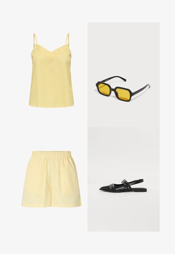 Haut jaune sans manches avec bretelles fines réglables et motif texturé à rayures verticales, avec un décolleté en V.; Short vichy jaune et blanc avec taille élastique, coupe décontractée et ouvertures de jambes droites.; Even&Odd by Zalando Ballerines à brides arrière - black; Lunettes de soleil rectangulaires noires avec des verres jaunes. Les caractéristiques incluent des montures épaisses et un design anguleux avec une finition lisse et brillante.