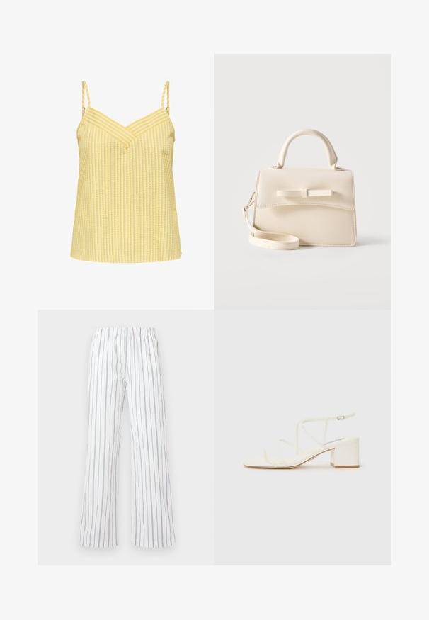 Haut jaune sans manches avec bretelles fines réglables et motif texturé à rayures verticales, avec un décolleté en V.; Pantalons blancs avec des rayures verticales bleu, fabriqués en tissu léger. Équipés d'une taille élastique et de jambes larges et évasées.; Des sandales à talons blancs présentent des fines brides et un bout carré. Le talon bloc est bas et la finition générale est lisse, avec un minimum de détails.; Petit sac à main beige avec poignée supérieure, bandoulière amovible, rabat avant et nœud horizontal décoratif sur un fond uni.