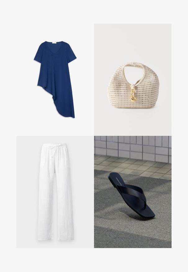 Haut bleu marine asymétrique avec encolure en V, manches courtes et texture lisse. Présente un ourlet plus long sur un côté pour une silhouette fluide.; Pantalon blanc léger en lin avec taille à cordon et coupe droite, présenté sur un fond uni.; Sandale noire à lanière avec bout carré et nom de la marque sur la semelle, positionnée debout sur un pavement texturé près d’un mur carrelé.; Sac à main tressé de couleur crème, forme arrondie, poignée courte et fermoir décoratif doré suspendu au centre devant.