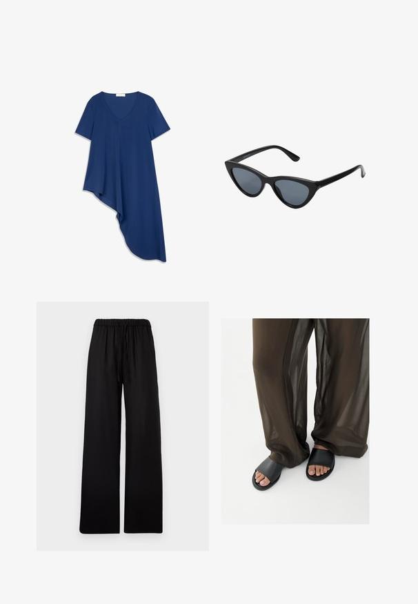 Haut bleu marine asymétrique avec encolure en V, manches courtes et texture lisse. Présente un ourlet plus long sur un côté pour une silhouette fluide.; Pantalon noir à jambes larges avec taille élastique et cordon, présenté à plat sur un fond gris clair.; Pieds en sandales slides noires associés à un pantalon marron fluide et transparent sur un fond blanc uni.; Lunettes de soleil noires en forme d'œil de chat avec des verres gris foncé, monture en plastique élégante, coins pointus et branches droites. Pas de métal visible ni d'accents.