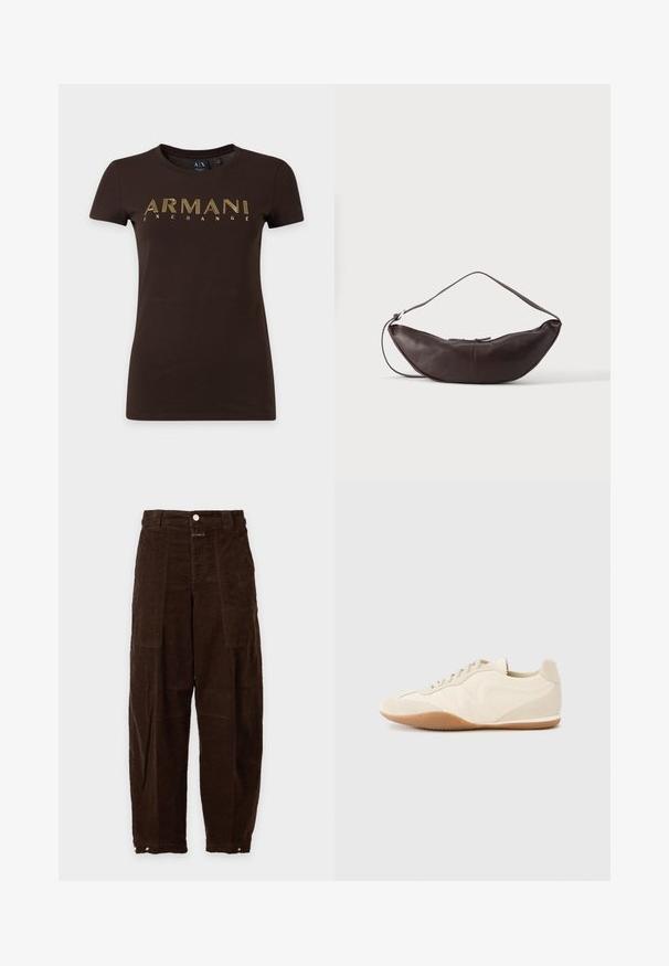 T-shirt marron foncé à manches courtes avec texte contour jaune "ARMANI EXCHANGE" sur la poitrine et col rond.; Pantalon large en velours côtelé marron foncé, taille haute, poches plaquées à l'avant, fermeture par bouton et poignets réglables à pressions aux chevilles.; Baskets beige clair avec une tige en cuir texturé, des panneaux latéraux texturés et une semelle en caoutchouc. Dotées d'un design fin et épuré ainsi que de lacets plats.; Sac d'épaule en cuir marron foncé en forme de croissant avec une lanière courbée et des coutures visibles sur fond uni.