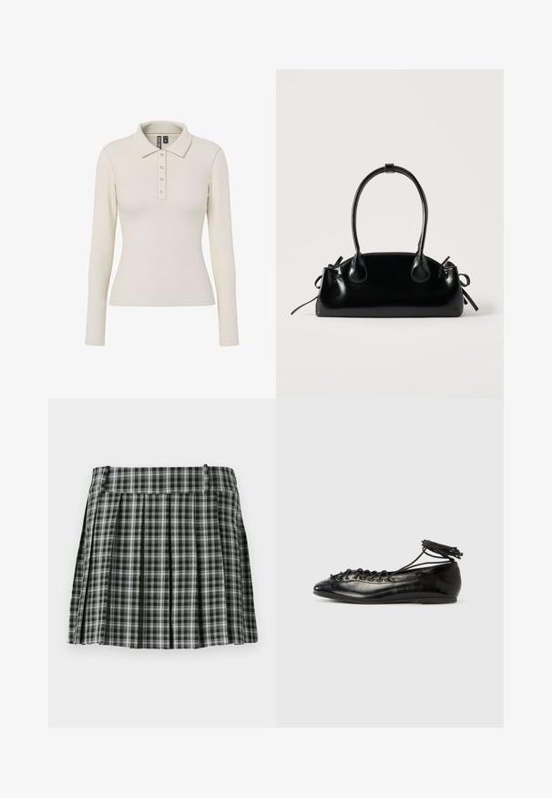 Camisa polo de manga larga en tejido acanalado color blanco roto, con cuello y cinco botones metálicos en la parte frontal. Diseño ajustado.; Falda plisada de cuadros en blanco y negro con una cintura suave y múltiples pliegues verticales. Fabricada en un tejido ligero.; Zapatos planos tipo ballet de charol negro con punta redondeada, diseño con cordones y suela plana. Textura lisa con detalles mínimos.; Pequeño bolso negro brillante con dos asas largas y detalles de cordón lateral sobre un fondo claro liso.