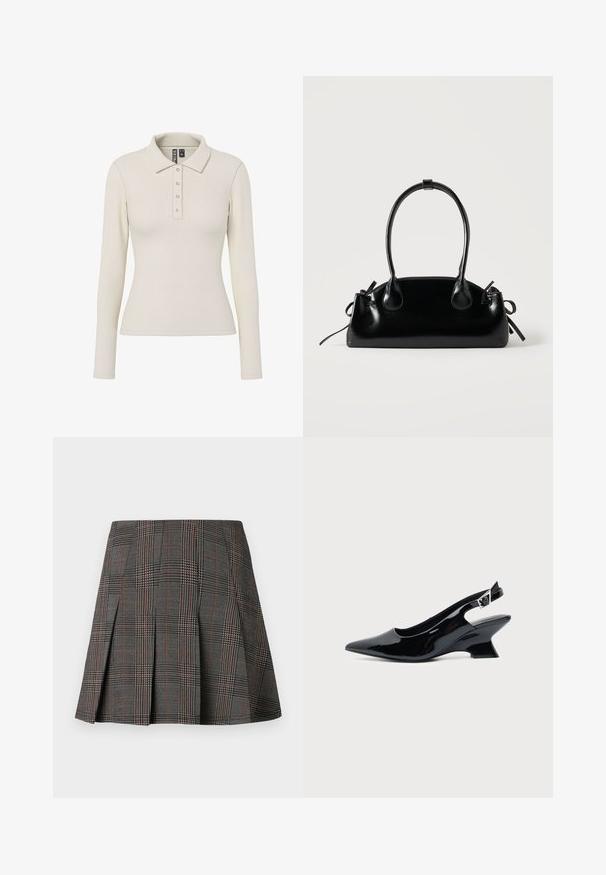 Langærmet polo-shirt i off-white ribbet stof med kravehals og fem metalknapper foran. Tætsiddende design.; Gråternet nederdel med plisseringer, prydet med intrikate mønstre i sort og hvid, akkompagneret af tynde røde linjer. Fremstillet af et struktureret stof.; Sort laklæder slingback sko med spids tå og lav vinklet blokhæl på ensartet lys baggrund.; Lille sort blank håndtaske med to lange håndtag og snøre-detaljer i siden på en ensfarvet lys baggrund.