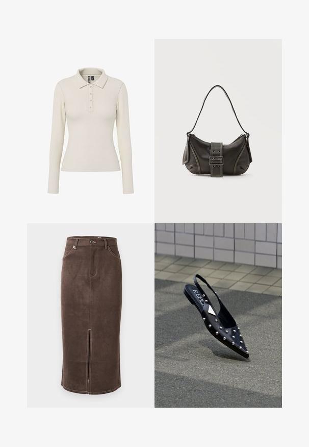 Langærmet polo-shirt i off-white ribbet stof med kravehals og fem metalknapper foran. Tætsiddende design.; Brun ruskind pencilskørt med frontslids, kontrasterende hvid syning og klassisk fem-lomme design. Klassisk knaplukning i taljen.; Sort spids slingback-sko lavet af glat materiale, med sølvnitter, flad sål og logo på indersålen.; Sort læder skuldertaske med spænde på remmen, afrundede kanter og kontrasterende hvide syninger på en ensfarvet baggrund.