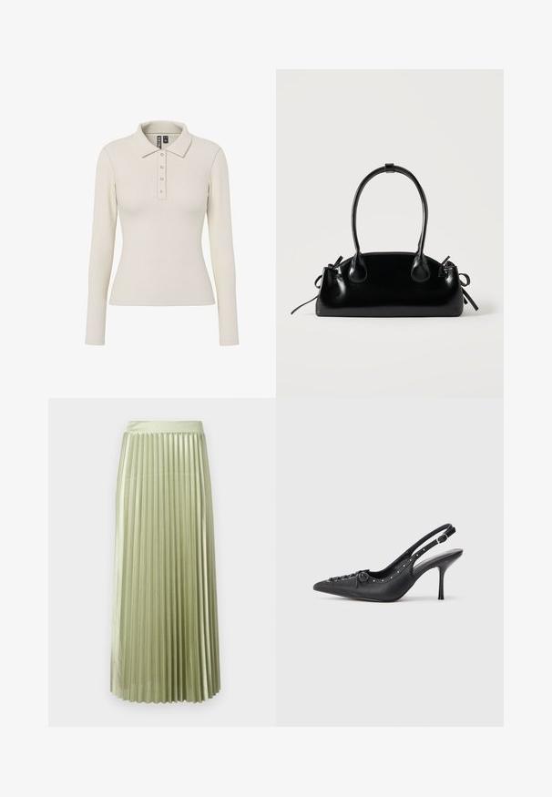 Polo à manches longues en tissu côtelé blanc cassé avec un col et cinq boutons métalliques sur le devant. Design ajusté.; Jupe midi plissée en satin vert clair avec une texture lisse. Taille ajustée, longueur mi-mollet, avec des plis verticaux réguliers sur toute la surface.; Escarpin en cuir noir à talon aiguille avec un bout pointu, une bride latérale à boucle, des clous le long du bord et un laçage décoratif à l'avant.; Petit sac à main noir brillant avec deux longues anses et des détails à cordon sur les côtés sur un fond clair uni.