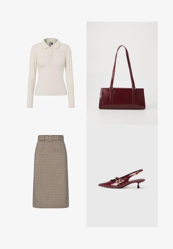 Polo à manches longues en tissu côtelé blanc cassé avec un col et cinq boutons métalliques sur le devant. Design ajusté.; Jupe crayon à carreaux marron et beige avec une taille haute, des passants pour ceinture, une boucle circulaire et une silhouette droite. Tissu en coton mélangé.; Chaussure slingback en cuir verni bordeaux avec un bout pointu, deux brides plates avec des boucles dorées, et un petit talon.; Sac à main bordeaux en matériau brillant, de forme rectangulaire, avec deux anses et des accents légèrement courbés à l'avant.