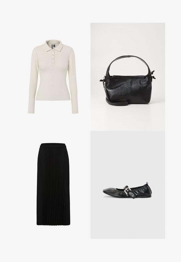 Langærmet polo-shirt i off-white ribbet stof med kravehals og fem metalknapper foran. Tætsiddende design.; Sort plisseret midinederdel med elastik i taljen og lodrette folder, vist mod en hvid baggrund.; Sorte læder flade sko med spids tå, samling detaljer omkring åbningen, og en sølv spænde accent på den justerbare rem.; Sort læderhåndtaske med et struktureret design, rund tophåndtag og aftagelig skulderrem. Den har en glat tekstur og en subtil glans.