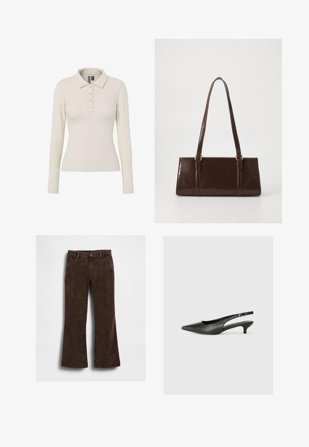 Langærmet polo-shirt i off-white ribbet stof med kravehals og fem metalknapper foran. Tætsiddende design.; Brune manchetflarede bukser i fløjl med en glat tekstur, med forlommer og en enkelt knaplukning i taljen.; Sorte spidse slingback-sko lavet af glat læder. Har en tynd hæl og en spænde detalje på den justerbare rem.; Brun lakeret håndtaske med rektangulær form, to lange håndtag og subtile buede detaljer på fronten.