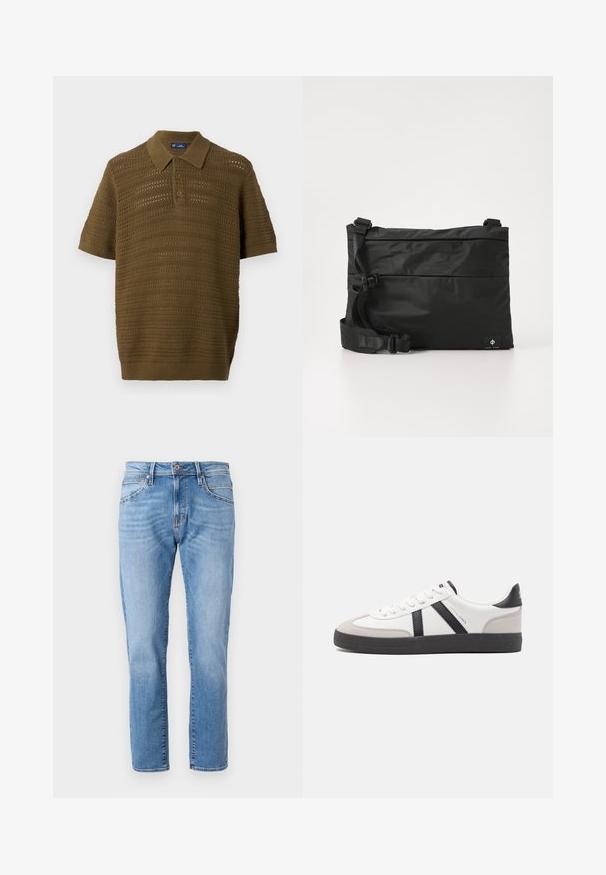 Polo à manches courtes en vert olive, présentant un design en maille texturée et aérée avec des rayures horizontales et un col et un ourlet côtelés.; Jeans en denim bleu clair avec une coupe droite, design classique à cinq poches, décoloration subtile et fermeture à bouton contrastante au niveau de la taille.; Baskets blanches avec des accents noirs et gris, présentant un embout texturé gris, une semelle en caoutchouc noir et des lacets plats blancs. Design épuré, style minimaliste.; Sac messager en nylon noir avec une sangle réglable, un design plat et une étiquette latérale arborant un logo. Texture lisse et style minimaliste.
