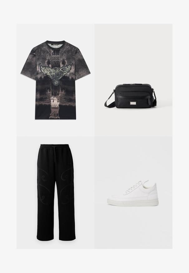 T-shirt à manches courtes noir et gris avec une texture usée et un emblème central avec des ailes portant les lettres "RC."; Pantalons de jogging noirs avec une coupe décontractée, présentant des motifs de couture tourbillonnants complexes sur les côtés et une ceinture élastique avec cordon de serrage.; Baskets en cuir blanc avec un embout arrondi, une semelle plate et un laçage à l'avant. Présentent des détails de couture et un col rembourré pour plus de confort.; Sac bandoulière rectangulaire noir avec poche avant zippée, sangle réglable et plaque logo rectangulaire argentée sur fond uni.