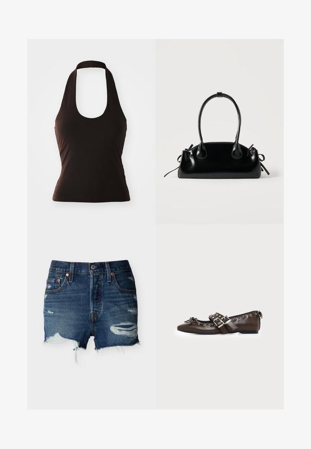 Čierny halter top vyrobený z jemnej látky, s širokým výstrihom a priliehavým strihom, bez ďalších vzorov alebo ozdôb.; Modré rifľové šortky s ošúchanými trhlinami, oškrenými lemami, prednými vreckami, pútkami na opasok a zapínaním na gombík na jednoduchom pozadí.; Tmavohnedá kožená balerína s špicatou špičkou, dvojitými striebornými prackami, kovovými okami a ozdobnou mašľou vpredu.; Malá čierna lesklá kabelka s dvoma dlhými rúčkami a bočnými šnúrkovými detailmi na jednoduchom svetlom pozadí.