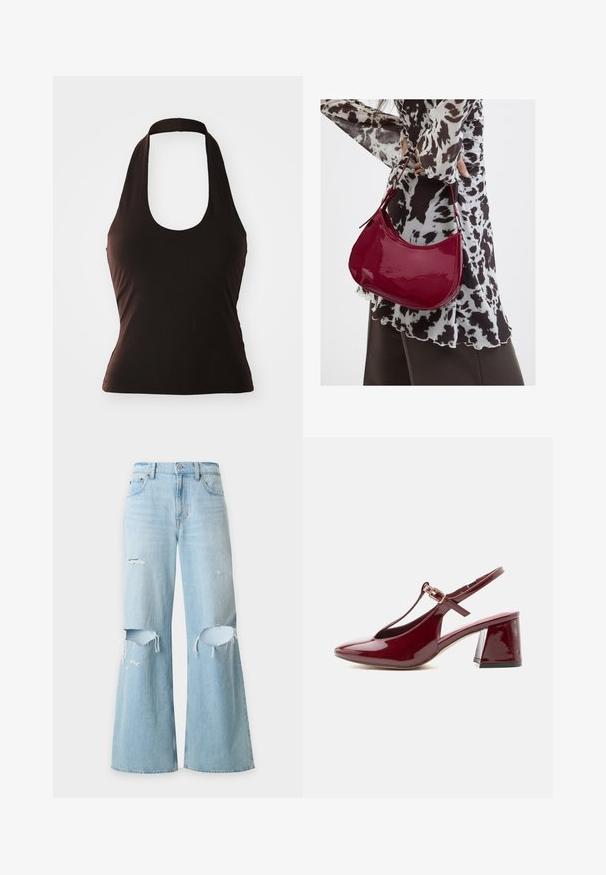 Čierny halter top vyrobený z jemnej látky, s širokým výstrihom a priliehavým strihom, bez ďalších vzorov alebo ozdôb.; Svetlomodré džínsy so širokými nohavicami, vysokým pásom a opotrebovanými roztrhnutiami na oboch kolenách a jedným malým roztrhnutím na ľavom stehne.; Lesklá bordová dámska slingback obuv s blokovým podpätkom, špicatou špičkou a T-popruhom so zlatou prackou.; Žena v čierno-bielom vzorovanom blúzke drží lesklú červenú kabelku cez rameno na jednofarebnom pozadí.