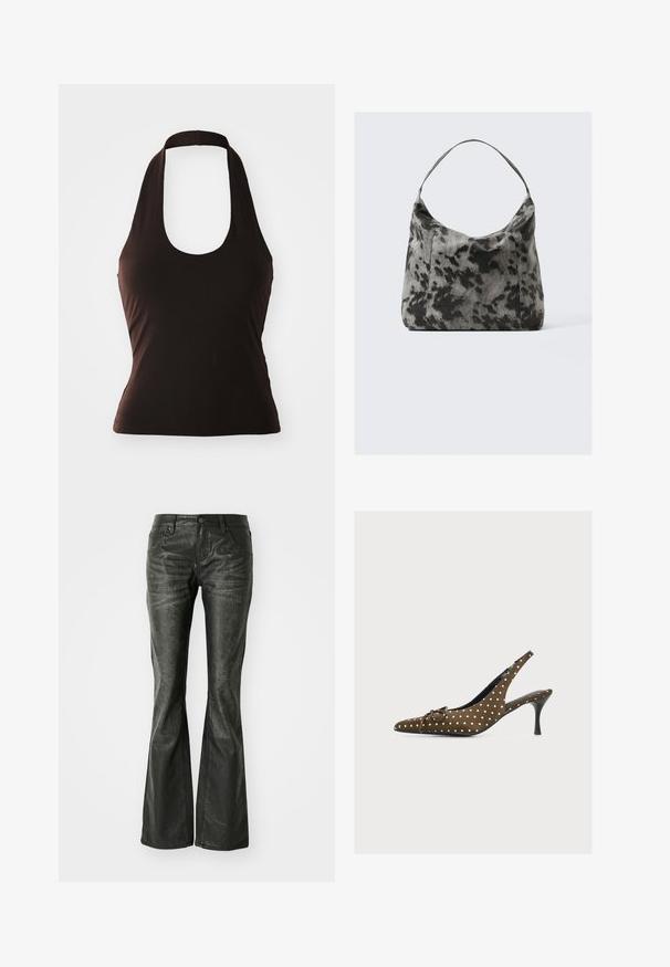 Čierny halter top vyrobený z jemnej látky, s širokým výstrihom a priliehavým strihom, bez ďalších vzorov alebo ozdôb.; Čierne faux kožené zvonové džínsy s prednými vreckami, kovovým zapínaním a mierne textúrovaným povrchom. Priamy strih s dlhým strihom.; Hnedá slingback lodička na vysokom opätku s bielymi bodkami, špicatou špičkou, malým mašličkovým detailom a úzkym čiernym opätkom na bielom pozadí.; Čierna a šedá bodkovaná látková taška s zakriveným siluetou, jedným uchom a jemnou textúrou, ponúkajúca neformálny a priestranný dizajn.