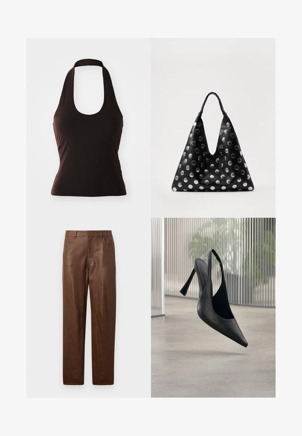 Čierny halter top vyrobený z jemnej látky, s širokým výstrihom a priliehavým strihom, bez ďalších vzorov alebo ozdôb.; Hnedé kožené nohavice s hladkou textúrou, rovný strih a dve bočné vrecká. Obsahuje viditeľné švy.; Čierna kožená slingback stiletto s bodcou na špičke, ktoré sa vznáša nad hladkou betónovou podlahou a zvislým kovovým panelom v pozadí.; Čierna kožená taška trojuholníkového tvaru, so striebornými kovovými bodkami a textúrovanou rukoväťou. Celkový hladký povrch.