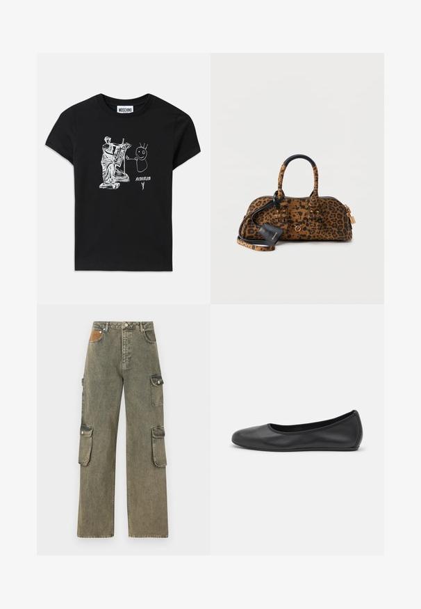Sort bomulds T-shirt med et hvidt grafisk motiv af en klassisk statue, der spiller på en lyre sammen med en stregfigur med spidst hår og tekst.; Cargo bukser i grågrøn denim med høj talje, brede ben, to sidelommer til cargo og en tekstureret lys brun lap på fronten.; Sort læderballetsko med rund tå, glat tekstur, minimal syning og et fleksibelt såldesign.; Taske med leopardprint, dobbelt håndtag, sort lædermærke, gulddetaljer og en lille hængelås fastgjort til lynlåsen.