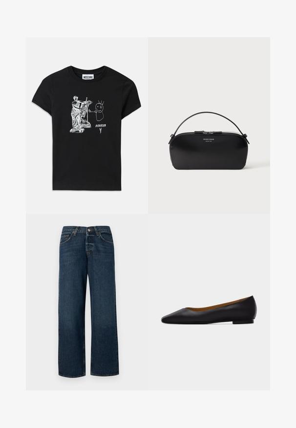 Sort bomulds T-shirt med et hvidt grafisk motiv af en klassisk statue, der spiller på en lyre sammen med en stregfigur med spidst hår og tekst.; Mørkeblå denimjeans med lige skæring, fem lommer og metalhardware. Har en let falmet overflade og en ren kant.; Sort læder flad sko med spids tå, lav hæl og glat finish, vist fra siden på en lysegrå baggrund.; Sort læderhåndledstaske med sølv lynlås og kort hank, prægede Emporio Armani Milano 1981-logo foran.
