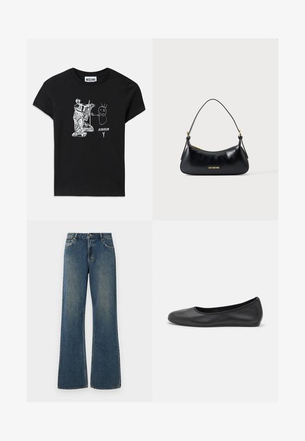Sort bomulds T-shirt med et hvidt grafisk motiv af en klassisk statue, der spiller på en lyre sammen med en stregfigur med spidst hår og tekst.; Bredde ben denim jeans i mellemblå med en falmet finish. Har fem lommer, bæltestropper og en metalknaplukning. Så lavet af bomuldsstof.; Sort læderballetsko med rund tå, glat tekstur, minimal syning og et fleksibelt såldesign.; Sort læder skuldertaske med guldfarvet lynlås og "LOVE MOSCHINO" logo foran, med et buet top håndtag.