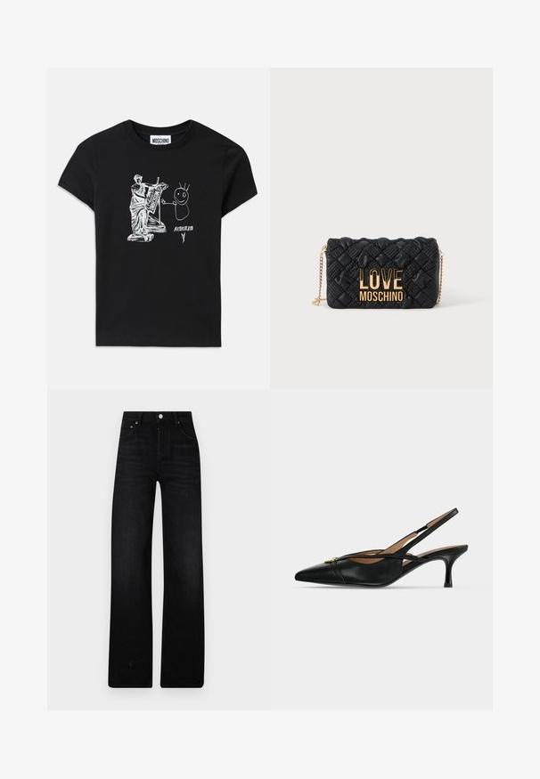 Μαύρη βαμβακερή μπλούζα T-shirt με λευκό γραφικό που απεικονίζει ένα κλασικό άγαλμα που παίζει λύρα δίπλα σε μία φιγούρα stick με αγκαθωτά μαλλιά και κείμενο.; Μαύρα φαρδιά τζιν παντελόνια από τζιν. Διαθέτουν ψηλή μέση, δύο μπροστινές τσέπες και μεταλλικό κλείσιμο με κουμπί. Υφή με ελάχιστη φθορά.; Μαύρο δερμάτινο παπούτσι slingback με μυτερή μύτη, χαμηλό τακούνι kitten και χρυσή αγκράφα μπροστά.; Μαύρη καπιτονέ τσάντα χιαστί με χρυσή αλυσίδα και μεγάλο χρυσό λογότυπο "LOVE MOSCHINO" στο μπροστινό μέρος.