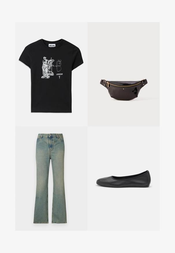 Μαύρη βαμβακερή μπλούζα T-shirt με λευκό γραφικό που απεικονίζει ένα κλασικό άγαλμα που παίζει λύρα δίπλα σε μία φιγούρα stick με αγκαθωτά μαλλιά και κείμενο.; Ανοιχτό μπλε τζιν παντελόνι flare με ψηλή μέση, πέντε τσέπες και φερμουάρ. Καθαρό, ξεθωριασμένο φινίρισμα με διακριτές ραφές.; Μαύρο δερμάτινο μπαλαρίνι με στρογγυλή μύτη, λεία υφή, ελάχιστες λεπτομέρειες ραφής και σχεδίαση ευέλικτης σόλας.; Μαύρη, γυαλιστερή δερμάτινη τσάντα μέσης με καμπυλωτό σχέδιο, χρυσή φερμουάρ αξεσουάρ, ρυθμιζόμενη ζώνη και μικρό διακοσμητικό υλικό.