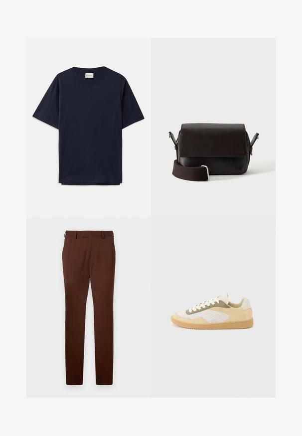 Dunkelblauses Baumwoll-T-Shirt mit kurzen Ärmeln, Rundhalsausschnitt und lockerer Passform. Das Etikett am Ausschnitt trägt den Schriftzug "CLOSED". Glatte Textur.; Braune, taillierte Slim-Fit-Hosen mit Gürtelschlaufen, flachem Bund und Seitentaschen, vor einem weißen Hintergrund präsentiert.; Niedrig geschnittener Sneaker aus beigem Wildleder, weißen Mesh-Einsätzen, olivfarbenen Akzenten, weißen Schnürsenkeln und Gummisohle auf hellgrauem Hintergrund.; Dunkelbraune Leder-Umhängetasche mit Klappenverschluss und verstellbarem Stoffriemen auf weißem Hintergrund.