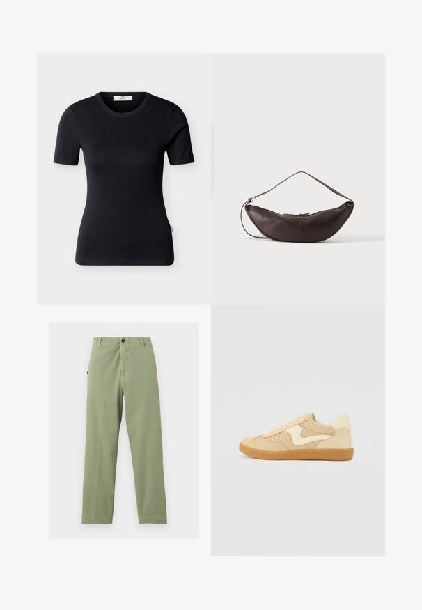 T-shirt noir ajusté à manches courtes avec col rond et une petite étiquette de marque à l'intérieur du col, présenté sur un fond uni.; Pantalon vert clair à jambe droite avec fermeture par bouton et zip, passants pour ceinture et poche latérale sur fond uni.; Sneaker beige avec des matériaux en daim et en maille, forme arrondie, col rembourré proéminent et semelle en caoutchouc gomme. Présente un accent de design en forme de vague.; Sac d'épaule en cuir marron foncé en forme de croissant avec une lanière courbée et des coutures visibles sur fond uni.