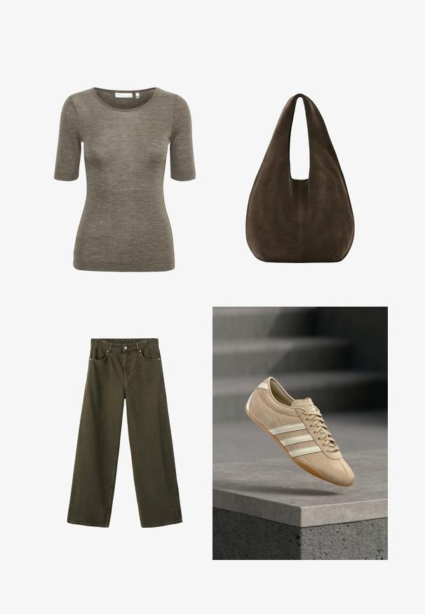 Braun kurzärmeliges T-Shirt aus weichem, strukturiertem Material mit Rundhalsausschnitt. Verfügt über ein dezentes Markenlogo nahe dem Saum.; Olivgrüne weit geschnittene Jeans aus haltbarem Denim mit fünf Taschen, silberner Hardware und sichtbaren Nähten entlang der Säume.; Hellbeige Sneaker mit drei weißen horizontalen Streifen, Obermaterial aus Wildleder und einer Gummisohle, mit einem Logo an der Seite.; Weiche dunkelbraune Wildleder-Hobo-Tasche mit breitem einzelnen Riemen und abgerundetem Boden auf weißem Hintergrund.