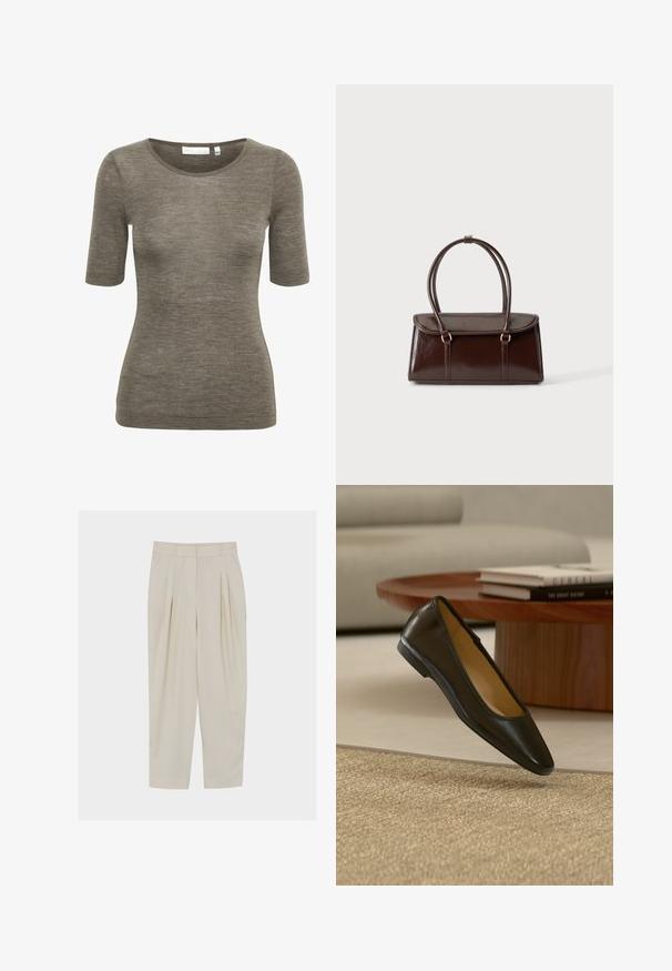 Bruine T-shirt met korte mouwen, gemaakt van zachte, gestructureerde stof en met een ronde halslijn. Heeft een discreet merkimpressie nabij de zoom.; Beige, op maat gemaakte broek met hoge taille, plooi, zijzakken, riemlussen en een ritssluiting aan de voorkant.; Zwarte leren platte schoen met afgeronde vierkante neus op een beige geweven tapijt, met houten salontafel en gestapelde boeken op de achtergrond.; Donkerbruine glanzende leren handtas met een gestructureerd rechthoekig lichaam en twee lange afgeronde handvatten tegen een effen lichte achtergrond.