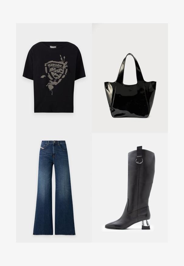 T-shirt noir à manches courtes avec un design orné de rhinestones portant le mot "Blauer" et des accents floraux. Matériau en coton doux.; Jeans taille haute, bleu foncé, à jambe large, avec poches avant et à pièce, fermeture à bouton et détails de décoloration subtile sur les cuisses.; Botte en cuir noir haute jusqu'au genou avec un bout pointu et un talon en bloc chromé. Équipée d'une sangle avec un accent en métal circulaire en haut.; Sac cabas en cuir verni noir brillant avec de larges anses et un petit logo ovale sur le devant, présenté sur un fond uni.