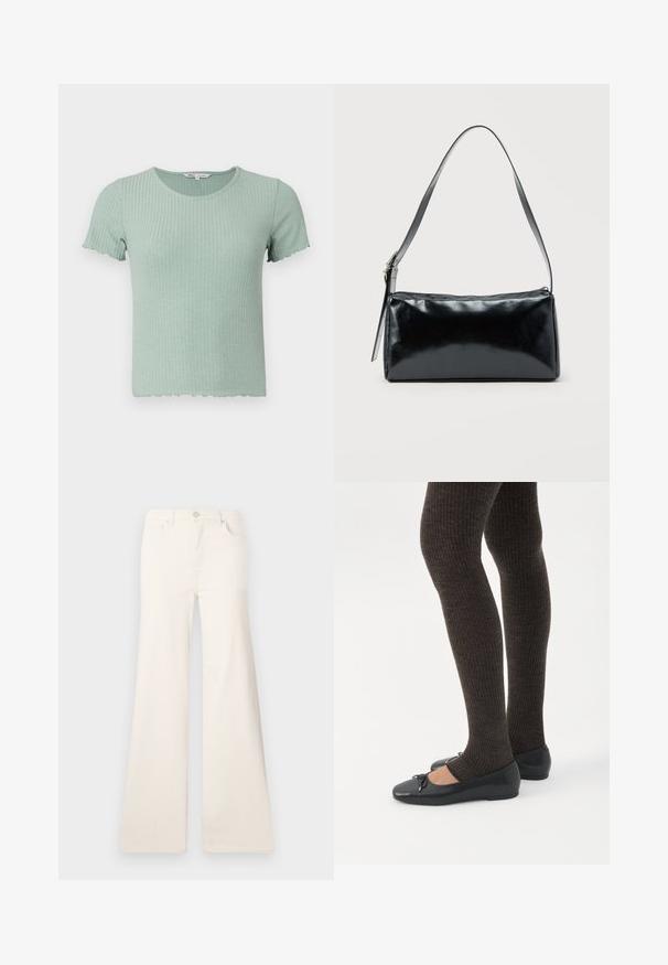 T-shirt en coton côtelé vert clair avec des manches courtes et un ourlet festonné. Présente un col rond et une texture douce.; ONLY Wide-fit ONLMADISON High waist Wide Leg Fit - Wide Leg - ecru; Jambes portant des leggings côtelés foncés associés à des ballerines noires avec de petits détails en nœud sur fond blanc.; Sac d'épaule rectangulaire noir avec une sangle réglable unique et une fermeture éclair supérieure sur un fond uni.