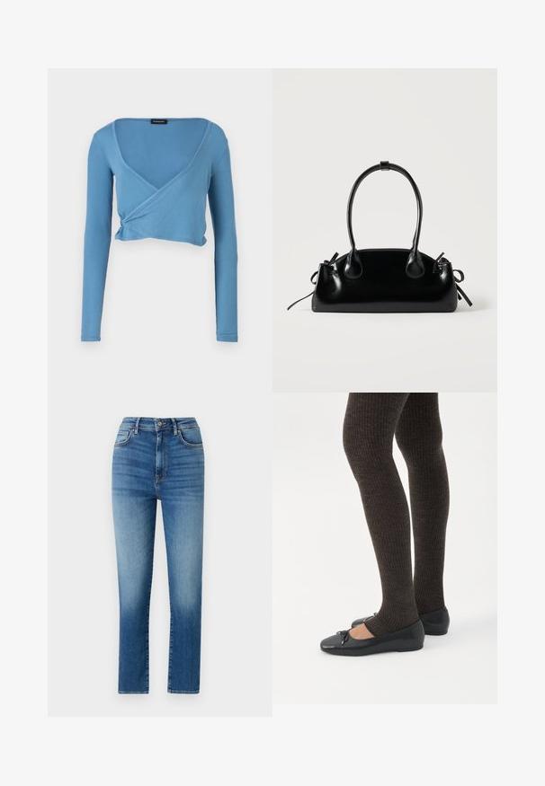 Lyseblå cropped langærmet top med v-hals og omslagdesign, lavet af ribbet stof. Har en drapering ved taljen.; Højtaljede blå jeans i denim, med en lige stykke, fem lommer og subtilt slid for tekstur og detaljer.; Ben iført mørke ribbede leggings kombineret med sorte balletsko med små sløjfedetaljer på hvid baggrund.; Lille sort blank håndtaske med to lange håndtag og snøre-detaljer i siden på en ensfarvet lys baggrund.