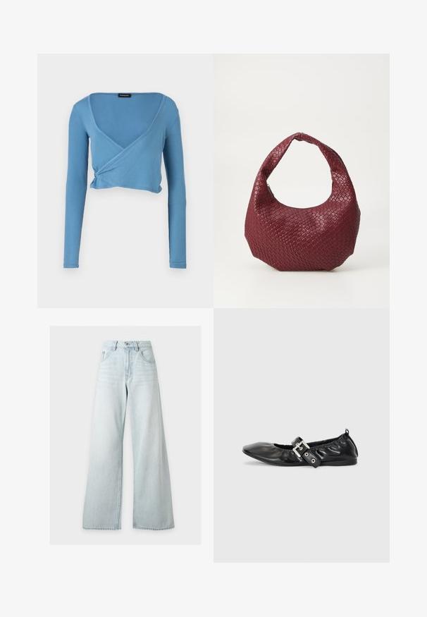 Lyseblå cropped langærmet top med v-hals og omslagdesign, lavet af ribbet stof. Har en drapering ved taljen.; Lyseblå højhåndede vidde jeans med forreste knap og lynlås, forlommer og bæltestropper på hvid baggrund.; Sorte læder flade sko med spids tå, samling detaljer omkring åbningen, og en sølv spænde accent på den justerbare rem.; Vævet bordeaux håndtaske med en rund silhuet, et enkelt håndtag og en tekstureret overflade. Lynlåslukning øverst.