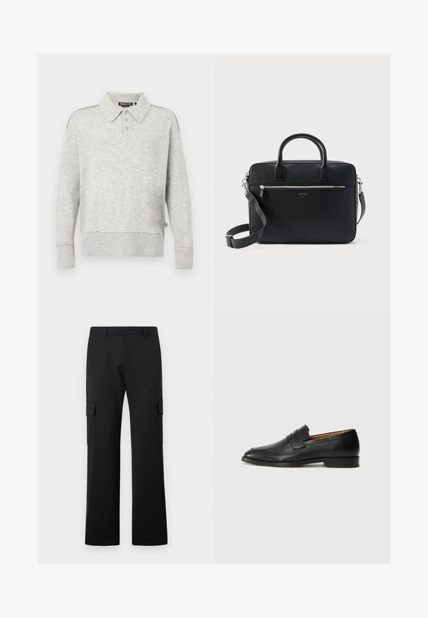 Pull polo gris clair à manches longues avec patte de boutonnage, poignets et ourlet côtelés, et une texture tricotée douce.; Pantalon cargo noir à jambes droites avec poches à rabat latérales et passants de ceinture sur fond blanc uni.; Mocassin en cuir noir avec un bout arrondi, des coutures subtiles et un talon bas, présentant une texture lisse et un design minimaliste.; Serviette rectangulaire en cuir noir texturé avec double poignée, poche avant zippée et bandoulière réglable présentée sur fond blanc.