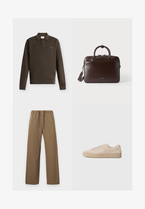 Polo à manches longues marron foncé avec deux boutons et petit texte brodé sur la poitrine gauche sur fond blanc.; Pantalon marron à coupe droite avec taille élastique et cordons noirs, présenté sur un fond clair uni.; Baskets en daim beige avec un bout rond, des lacets plats et une semelle en caoutchouc texturé. Design minimaliste avec des bords lisses et des coutures discrètes.; Serviette en cuir brun foncé avec deux poignées, une bandoulière détachable et un petit logo à l'avant sur un fond uni.