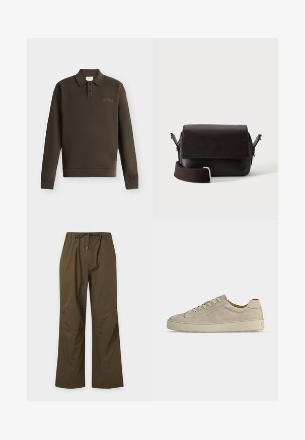 Polo à manches longues marron foncé avec deux boutons et petit texte brodé sur la poitrine gauche sur fond blanc.; Pantalon décontracté vert olive avec taille élastique et cordon de serrage à l'avant, coupe droite et coupe décontractée.; Baskets basses beiges en daim avec fermeture lacée et semelle épaisse en caoutchouc, vues de profil sur fond blanc uni.; Sac bandoulière en cuir marron foncé avec fermeture à rabat et sangle en tissu réglable sur fond blanc.