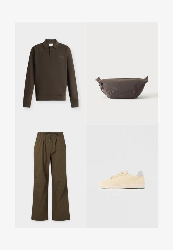 Polo à manches longues marron foncé avec deux boutons et petit texte brodé sur la poitrine gauche sur fond blanc.; Pantalon décontracté vert olive avec taille élastique et cordon de serrage à l'avant, coupe droite et coupe décontractée.; Baskets basses beige à lacets, semelle rose clair et languette grise à l'arrière marquée "Filling Pieces", vues de profil sur fond uni.; Sac banane en tissu marron foncé avec poche zippée en diagonale et petit logo blanc sur le devant, sur un fond clair uni.