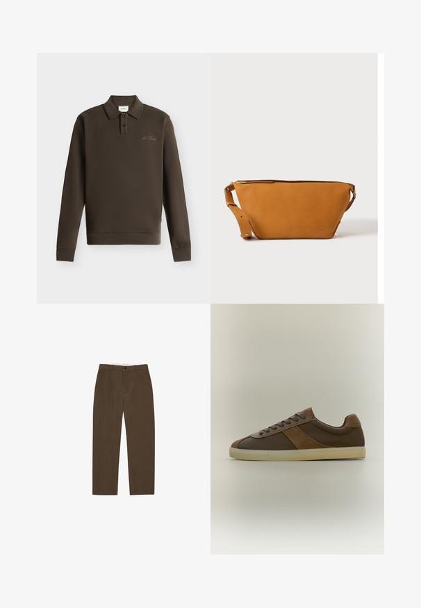 Polo à manches longues marron foncé avec deux boutons et petit texte brodé sur la poitrine gauche sur fond blanc.; Pantalon marron à jambes droites avec passants de ceinture, bouton à l'avant et poches latérales, présenté sur fond blanc.; Baskets basses marron en cuir et daim avec lacets sur l'avant et semelle en caoutchouc beige sur fond neutre.; Sac bandoulière en cuir marron clair avec sangle réglable et fermeture éclair, présenté sur un fond clair uni.