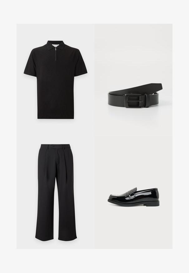 Polo noir à manches courtes avec un motif subtil en losange et une fermeture éclair devant sous le col sur un fond uni.; Pantalons larges noirs en tissu lisse, dotés d'un pli avant, d'une fermeture par bouton et de poches latérales.; Mocassin en cuir noir brillant avec un petit talon et une bride sur le dessus, vu de côté sur fond blanc.; Ceinture en cuir noir avec une boucle en métal noir mat, présentant une texture lisse et un design simple. Longueur réglable avec une extrémité effilée.