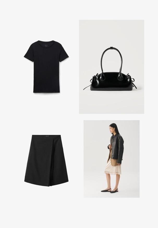 Sort t-shirt med korte ærmer og rund hals lagt fladt på hvid baggrund, der viser forfra og glat stoftekstur.; Sort knælængde nederdel med en lige linning og et overlappende foldedetalje foran, vist på en hvid baggrund.; Sort læderjakke over en brun top, kombineret med en lys cremefarvet slipkjole med blondekant og sorte slingback-sko.; Lille sort blank håndtaske med to lange håndtag og snøre-detaljer i siden på en ensfarvet lys baggrund.